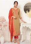 Beige & Orange Embroidered Banarasi Silk Churidar Suit