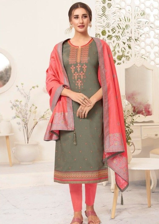 Dark Grey & Coral Embroidered Banarasi Silk Churidar Suit