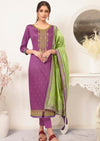 Light Purple & Light Green Embroidered Banarasi Slik Churidar Suit