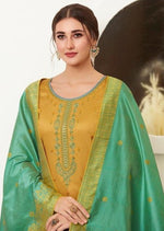 Mustard & Teal Embroidered Banarasi Silk Churidar Suit