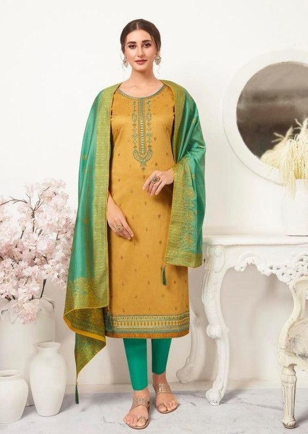 Mustard & Teal Embroidered Banarasi Silk Churidar Suit