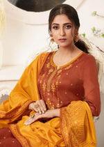 Rust & Mustard Embroidered Banarasi Silk Churidar Suit