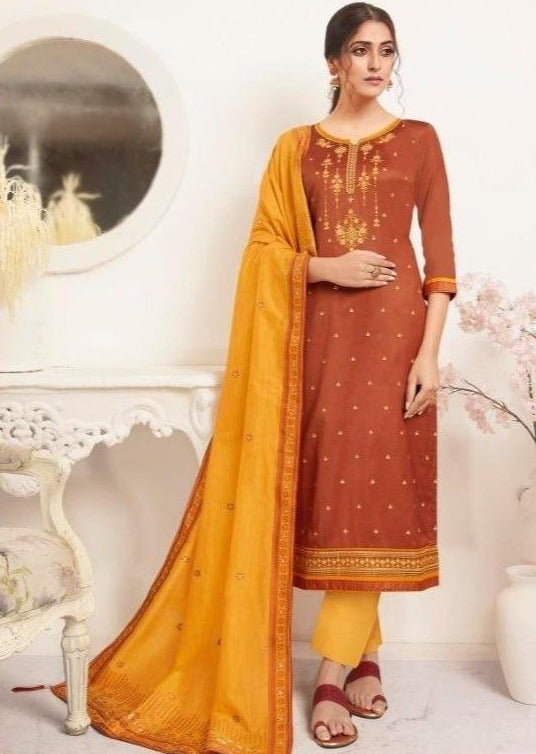 Rust & Mustard Embroidered Banarasi Silk Churidar Suit