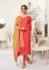 Coral & Beige Embroidered Banarasi Silk Churidar Suit