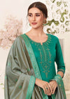 Sea Green & Grey Embroidered Banarasi Silk Churidar Suit