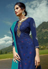 Blue & Firozi Georgette Embroidered Churidar Suit