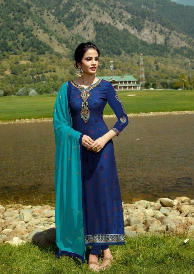 Blue & Firozi Georgette Embroidered Churidar Suit
