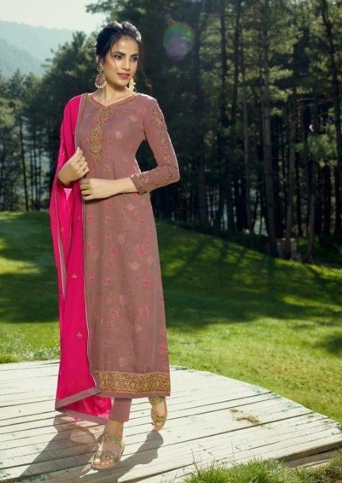 Salmon Pink & Magenta Georgette Embroidered Churidar Suit