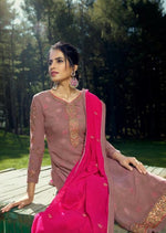 Salmon Pink & Magenta Georgette Embroidered Churidar Suit