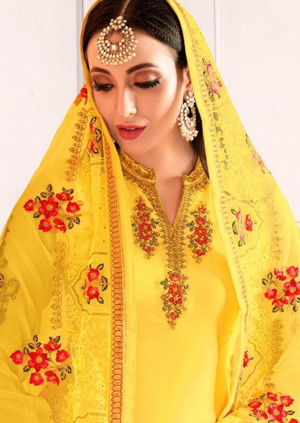 Yellow Satin Georgette Embroidered Salwar Suit