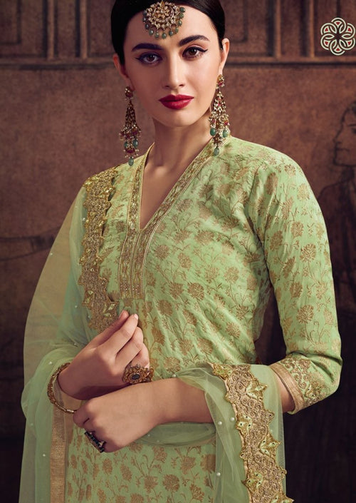 Mint Green Jacquard Embroidered Palazzo Suit