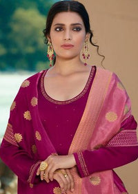 Magenta Swarovski Satin Georgette Embroidered Palazzo Suit