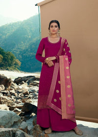Magenta Swarovski Satin Georgette Embroidered Palazzo Suit