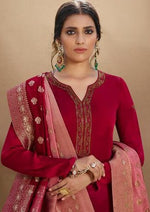 Red Swarovski Satin Georgette Embroidered Pant Suit