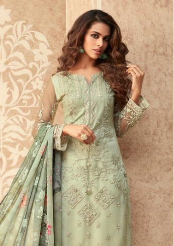 Sea Green Floral NEt Embroidered Bangalori Silk Pant Suit