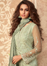 Sea Green Floral NEt Embroidered Bangalori Silk Pant Suit