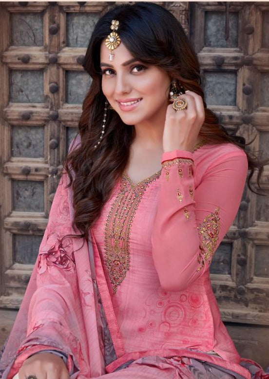 Pink Floral Silky French Crepe Digital Print Palazzo Suit